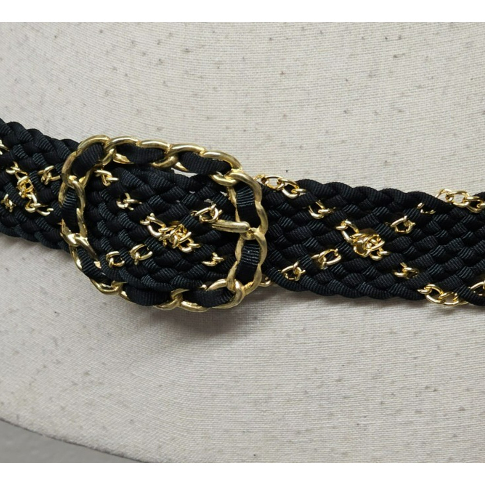 Vintage ROC Wide Black Gold Braided Chain Fashion Belt 80s 90s L /42" Glam - Picture 2 of 8